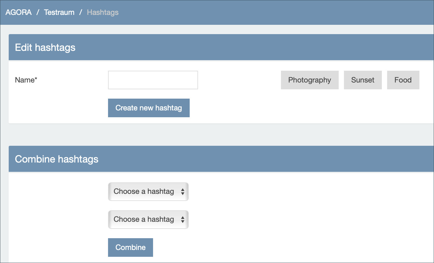 Screenshot: hashtags menu