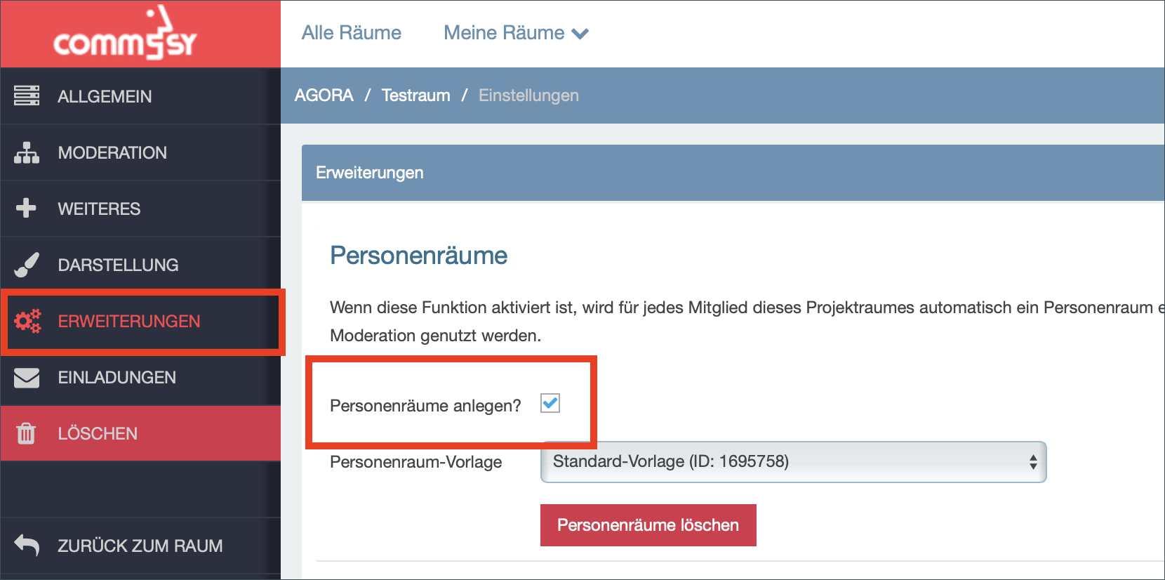 Screenshot 'Erweiterte Einstellungen' mit Auswahl der Funktion 'Personenräume anlegen'