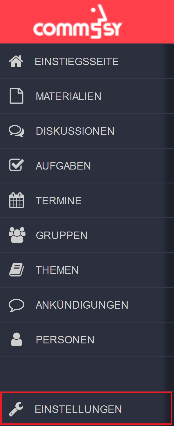 Rubrikleiste der CommSy-Website. Hervorgehoben: Einstellungen
