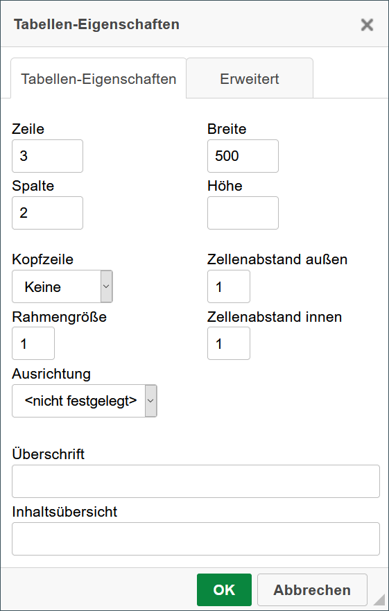 Screenshot von 'Tabellen-Eigenschaften' Pop-Up