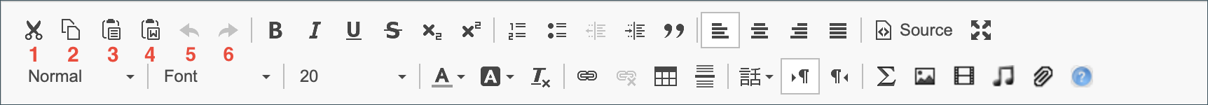 Screenshot Texteditor-Toolbar mit vier Hervorhebungen