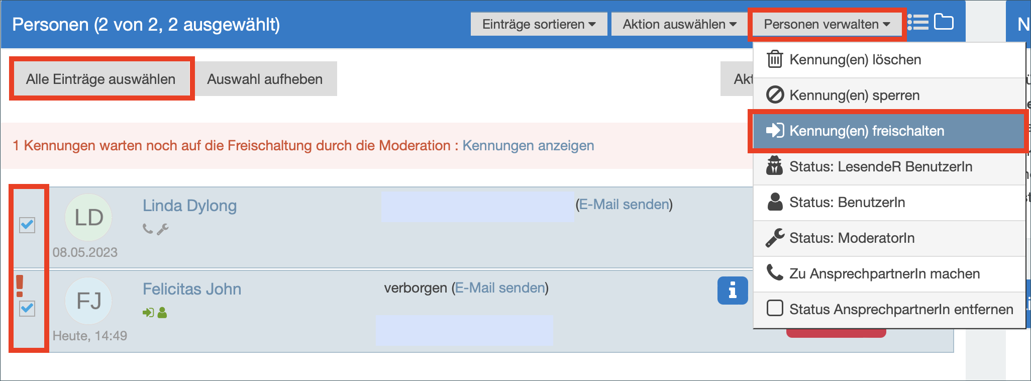 Screenshot des 'Personen verwalten' Bereiches mit der Funktion 'Kennung(en) freischalten' und 'Alle Einträge auswählen'. 