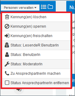 Personen verwalten'-Menü  mit Optionen zur Statusänderung der Teilnehmenden hervorgehobenen