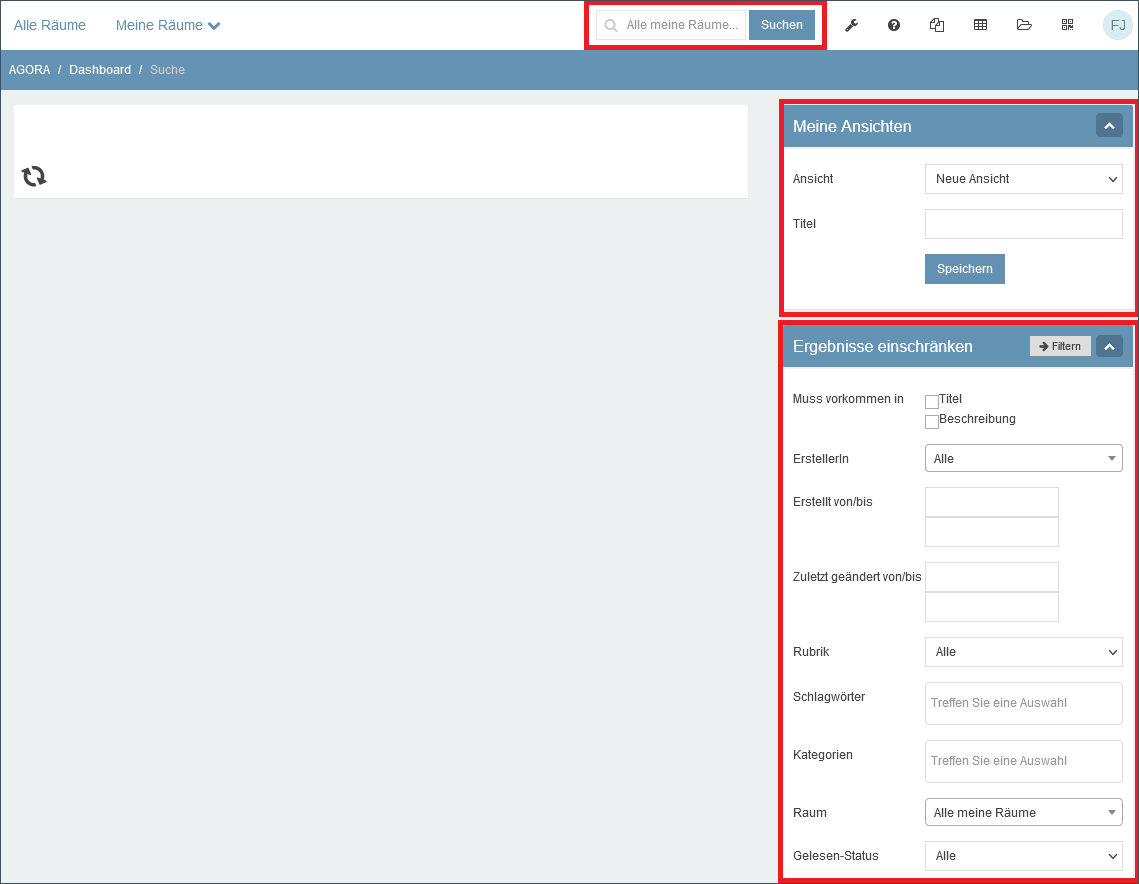 Screenshot des Dashboards mit EIngabeformular zu 'Meine Ansichten'. Hervorgehobene Felder: Suche, Meine Ansichten, Ergebnisse einschränken