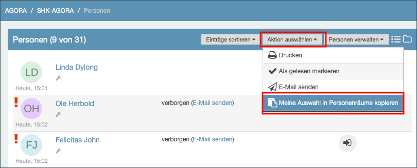 Screenshot mit hervorgehobenem Pfad: Aktion auswählen - Zwischenablage in Personenräume kopieren