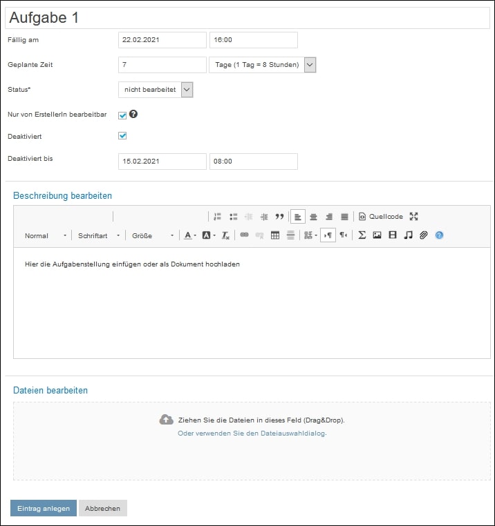 Screenshot "Neuer Materialeintrag" mit Auswahl des Feldes "nur von ErstellerIn bearbeitbar" und "Deaktiviert bis"