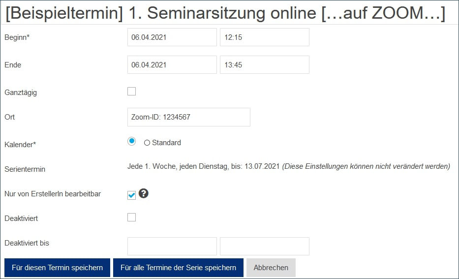 Screenshot "Neuer Materialeintrag" mit Auswahl des Feldes "nur von ErstellerIn bearbeitbar" und "Deaktiviert bis"