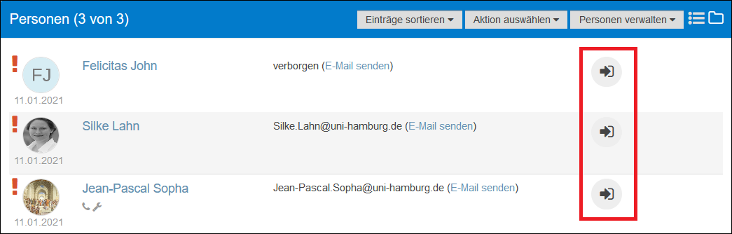 Screenshot Personenübersicht. Symbol zum Betreten der Personenräume hervorgehobent;