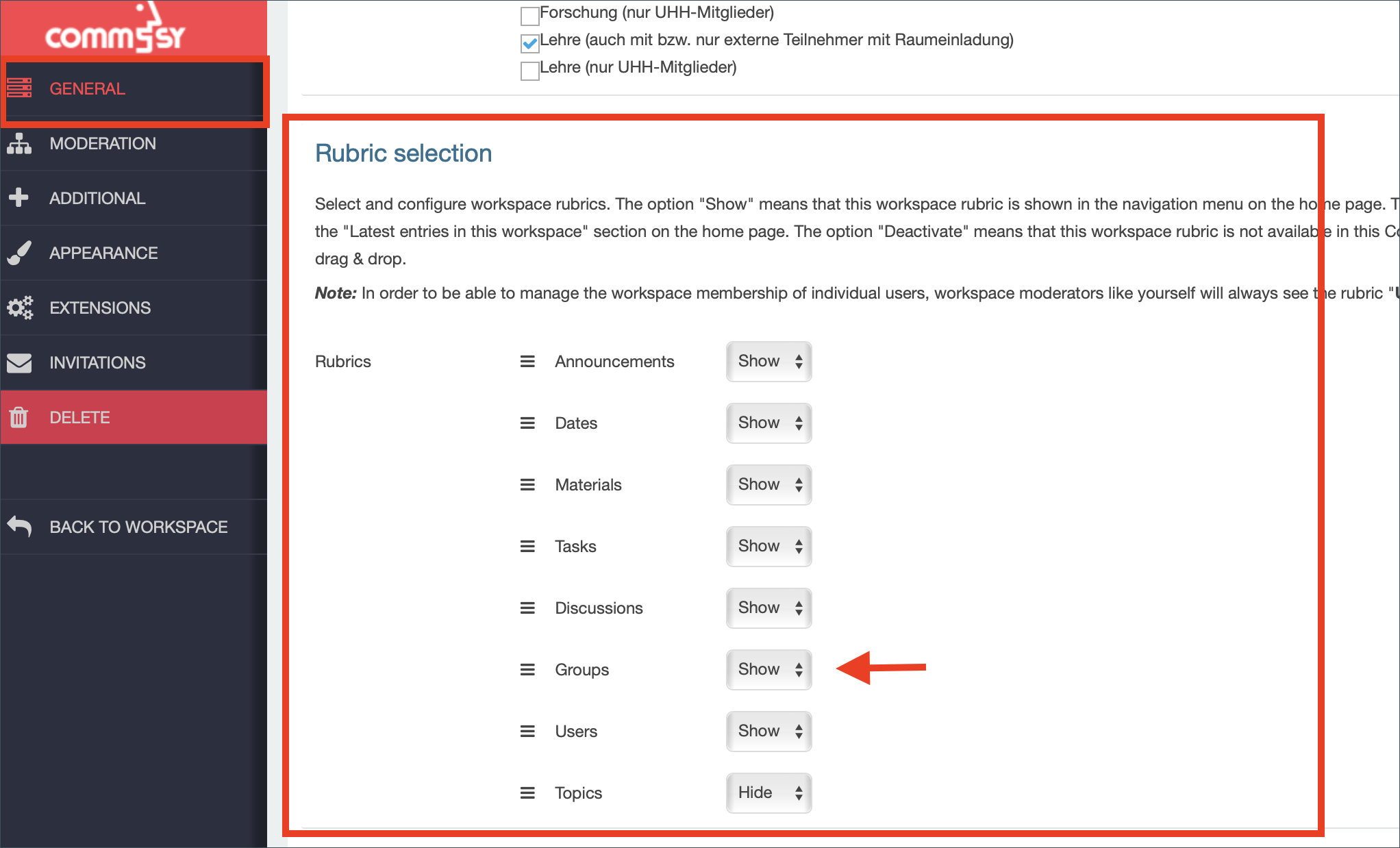 Screenshot: Expanding the “Groups” drop-down menu under “General settings” with a highlight on the 'rubric selection' menu 