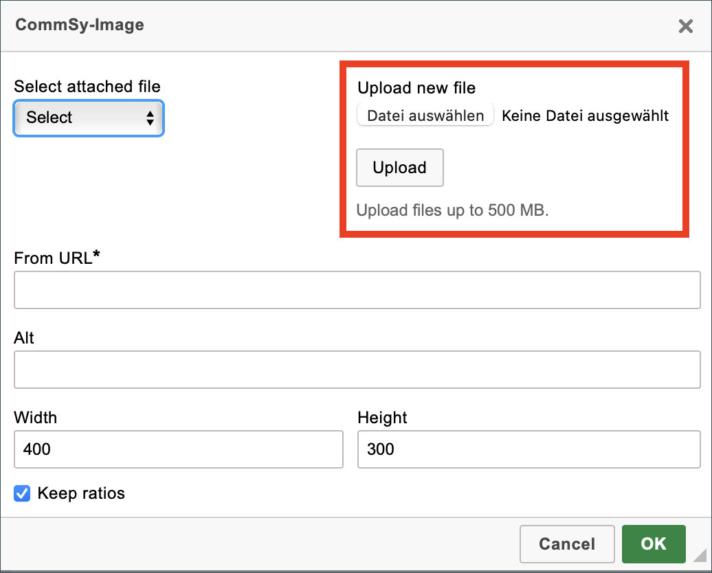 Screenshot: Commsy -Image form to upload a file to insert as media with a highlight on the 'upload new file' section