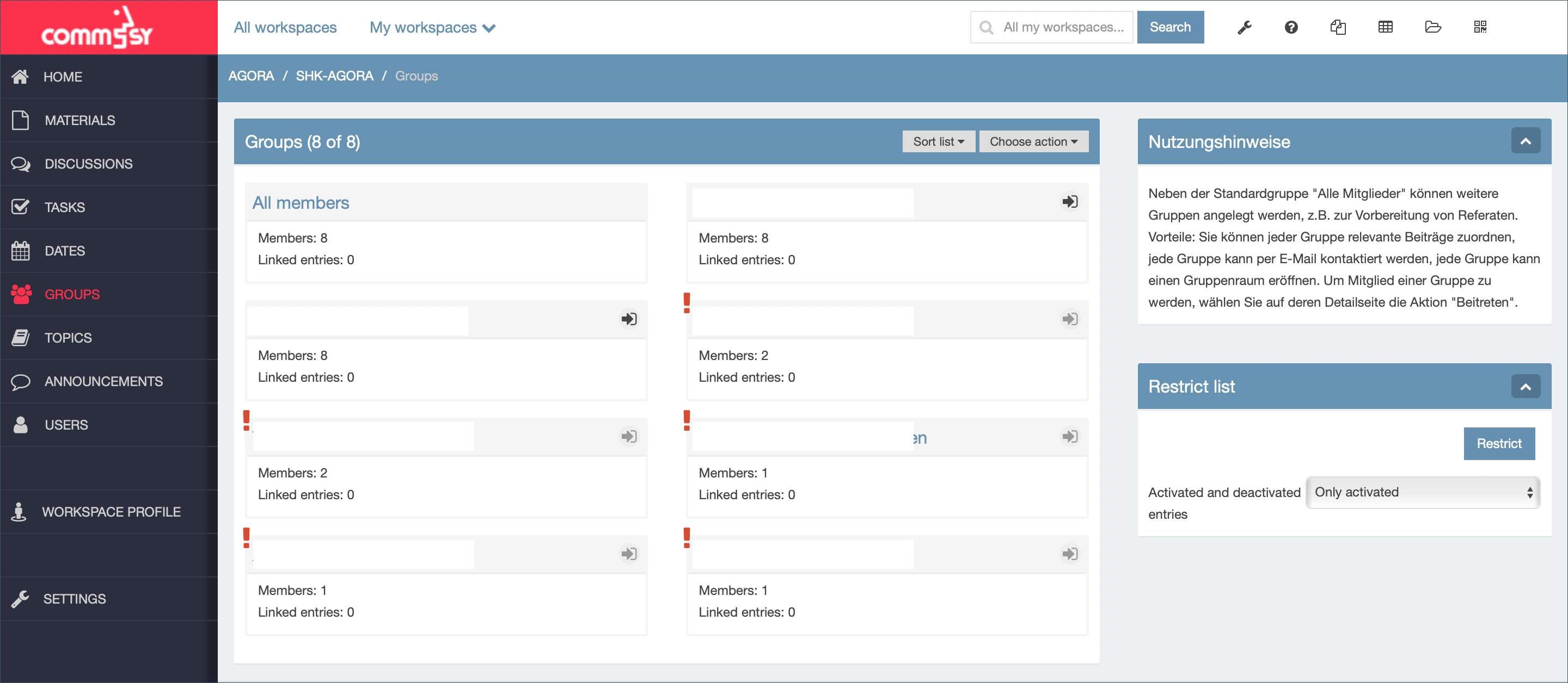 Screenshot: workspace 'groups' section on the rubric list 