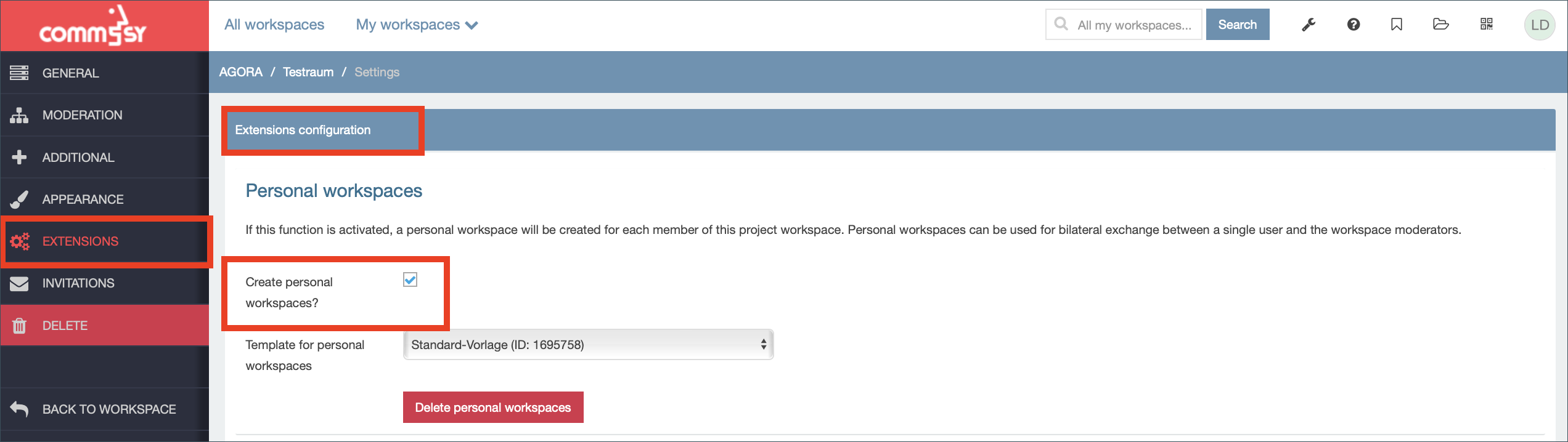 Screenshot: rubric: 'Extensions', option 'Extended settings' with check selection of the function 'Create personal workspaces?'