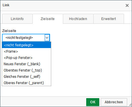 Screenshot: Link with 'Zielseite' dropdown menu