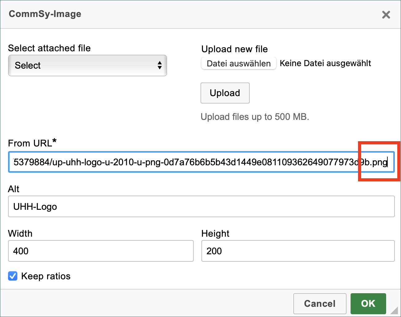 Screenshot: inserting an URL for the inserted image on the CommSy-image form