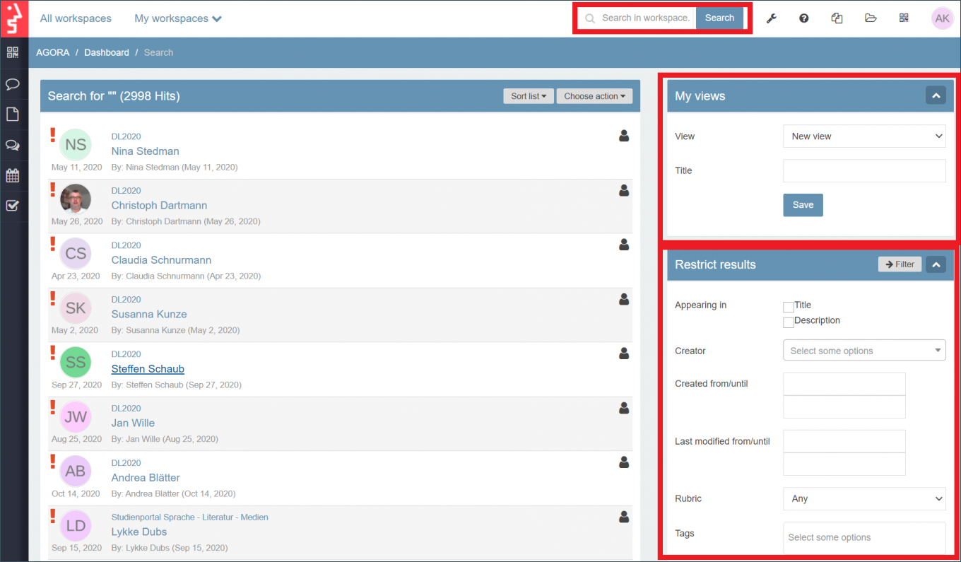 Screenshot: Dashboard with a highlight on the Search bar, 'my views' section and 'restrict results'