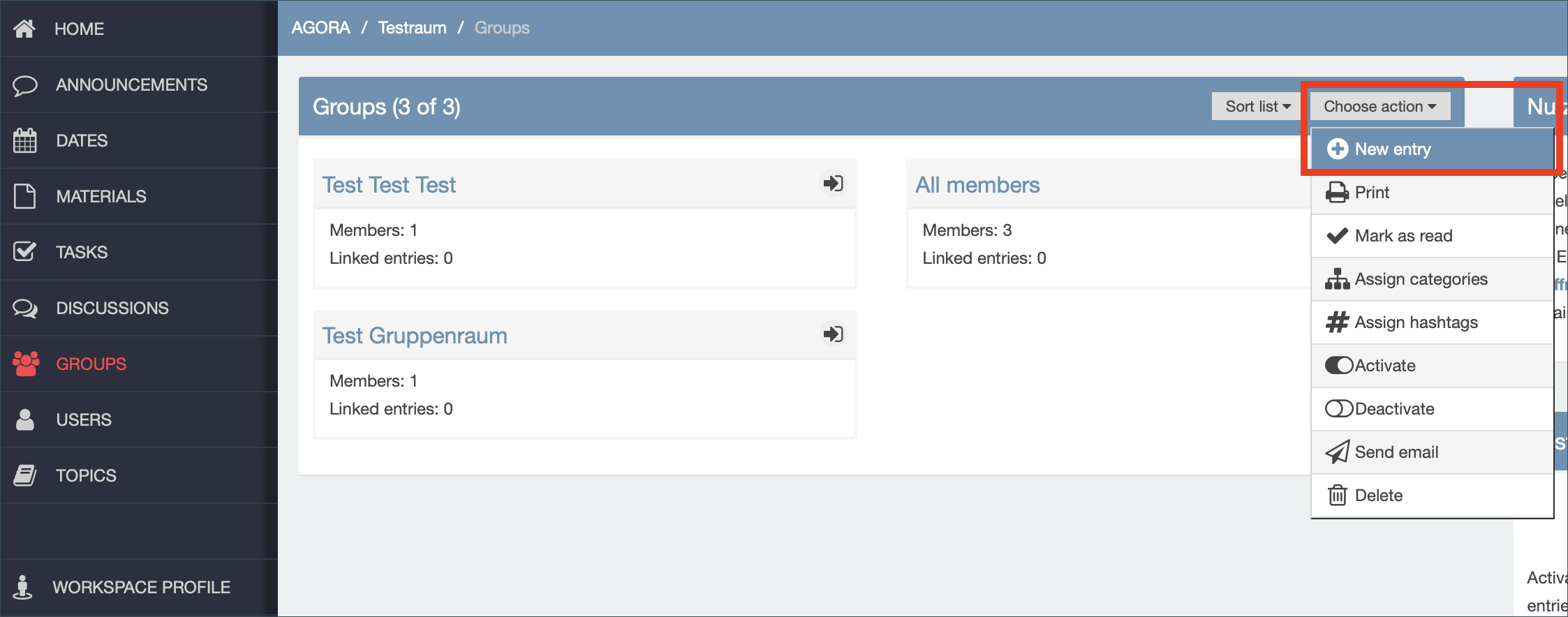Screenshot: workspace 'groups' section on the rubric list with a highlight on the 'choose action' drop down menu on the top right and another highlight on the 'new entry' option 