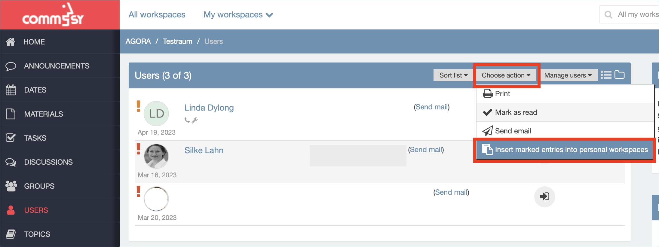 Screenshot: with highlighted path: Choose action - Insert clipboard into personal workspaces