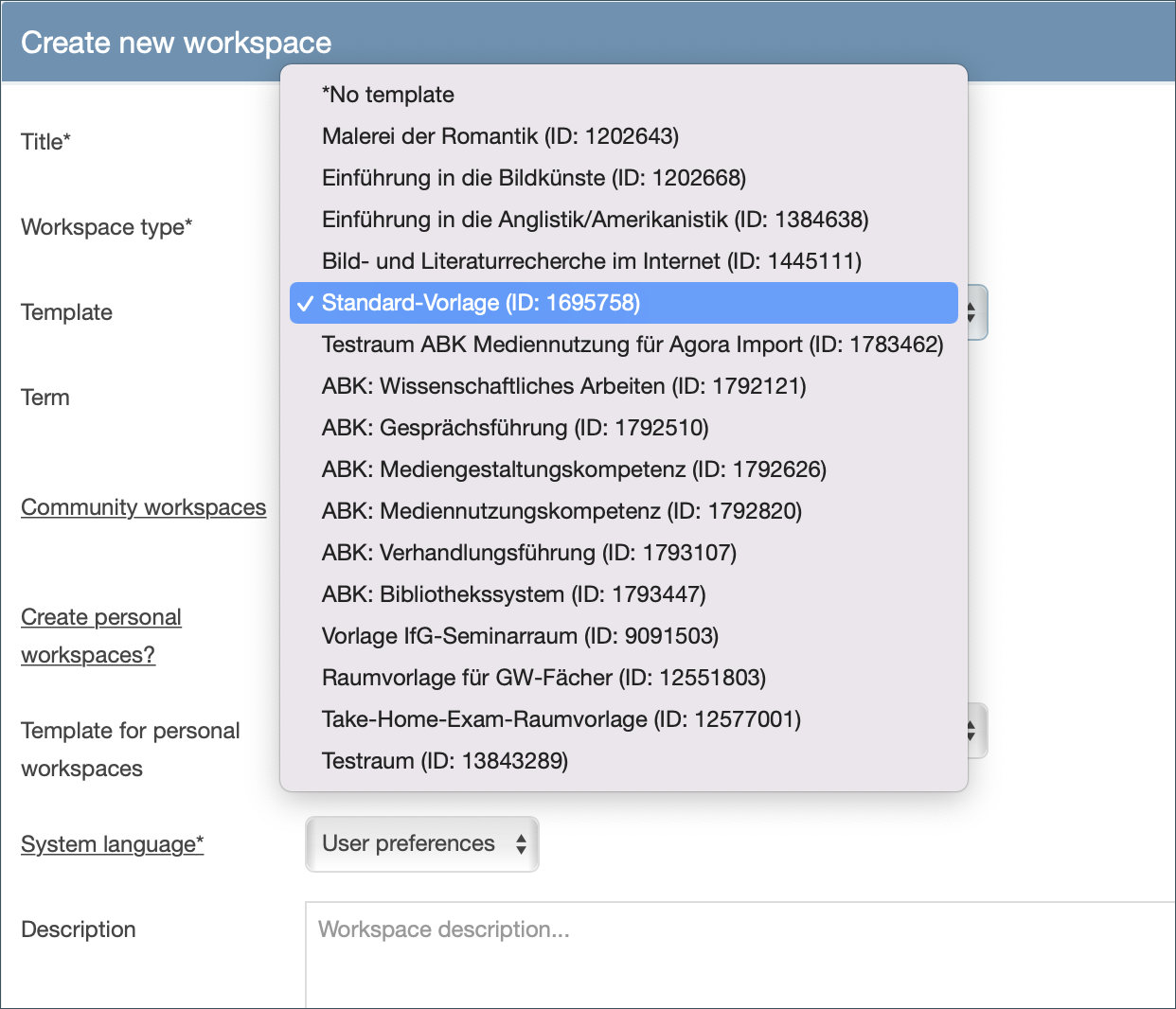 Screenshot: dropdown menu of 'template' with a highlight on 'Standard-Vorlage' option