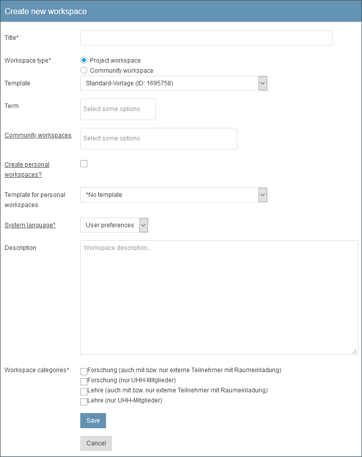 Screenshot: 'create a new workspace' form 