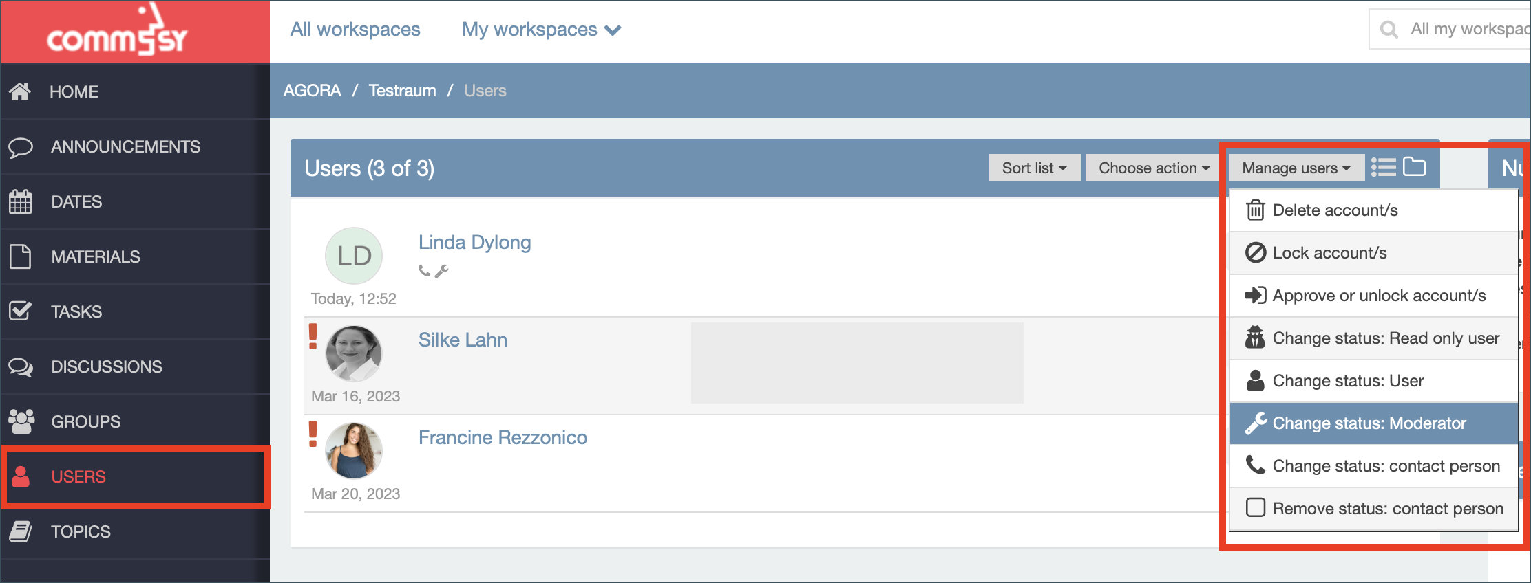 Screenshot: selection of the 'manage users' menu on the top right with a highlight on the 'change status: moderator '