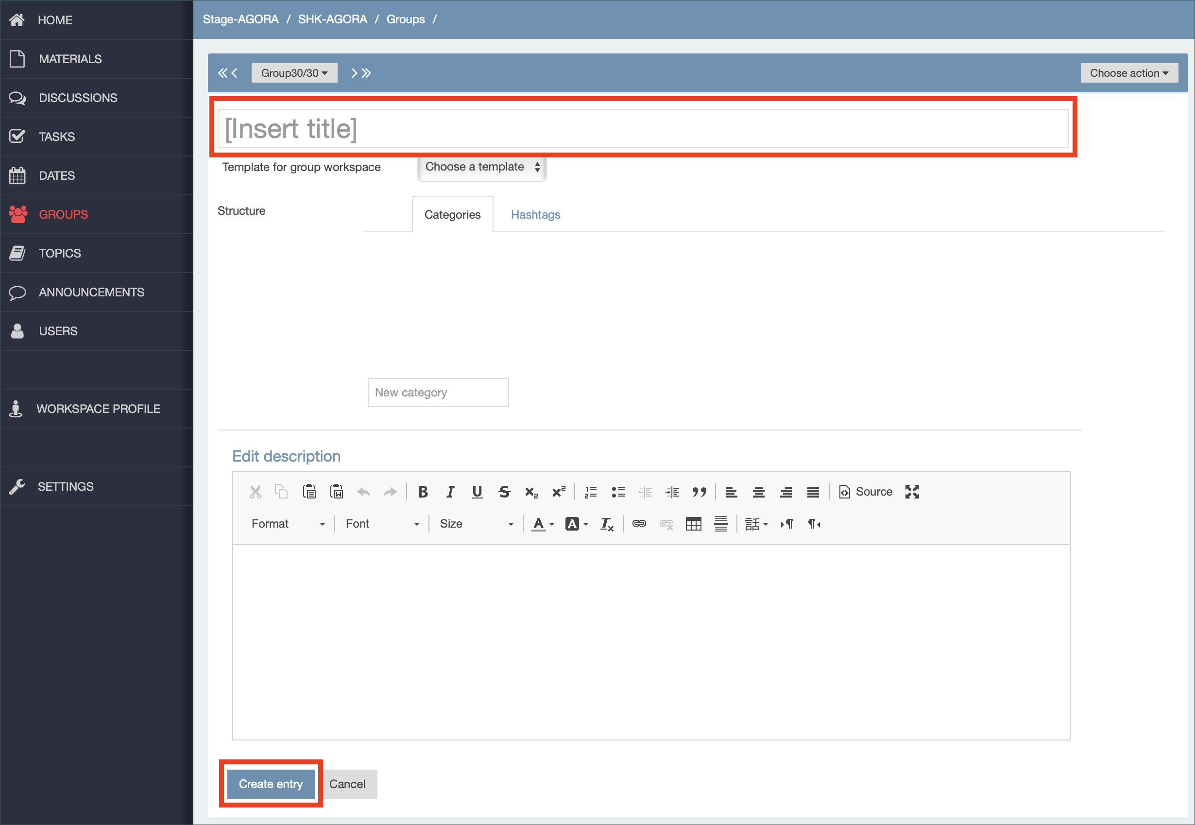 Screenshot: Overview of the 'new entry' form 