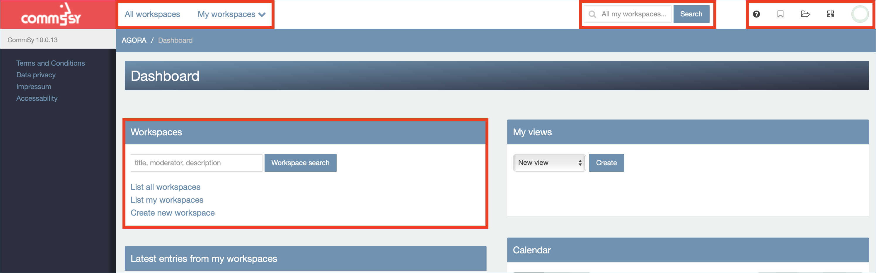 Screenshot: Dashboard with an overview of different sections